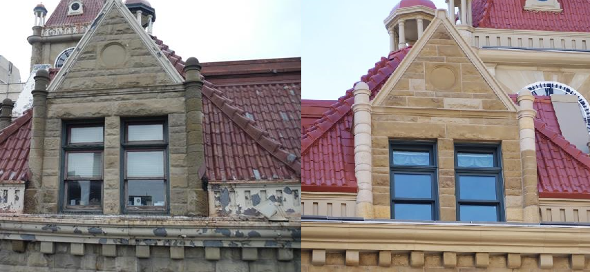 Before and after - dormer and cornice. Photos from the City of Calgary.