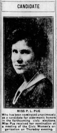 Miss P. L. Pue is endorsed as candidate for council by the Civic Women’s Organization. Calgary Herald, 18 October 1929.