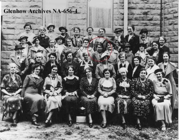 Circa 1930s. Women's Group, Central United Church, Calgary, Alberta. Pansy Pue is circled middle of the 3rd row. (CU1151826) – courtesy of Libraries and Cultural Resources Digital Collections, University of Calgary.