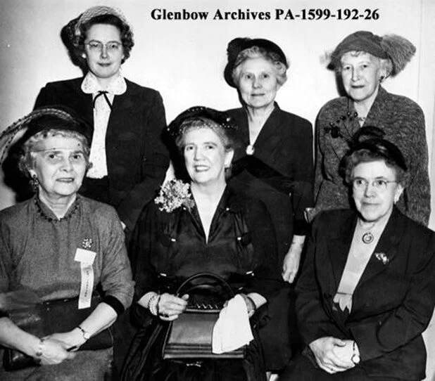 January 1953. Attendees, women's sessions of the Alberta Progressive Conservative Association meeting, Calgary, Alberta. Pansy Pue is standing in the centre of the back row. (CU1201856). Courtesy of Libraries and Cultural Resources Digital Collections, University of Calgary.