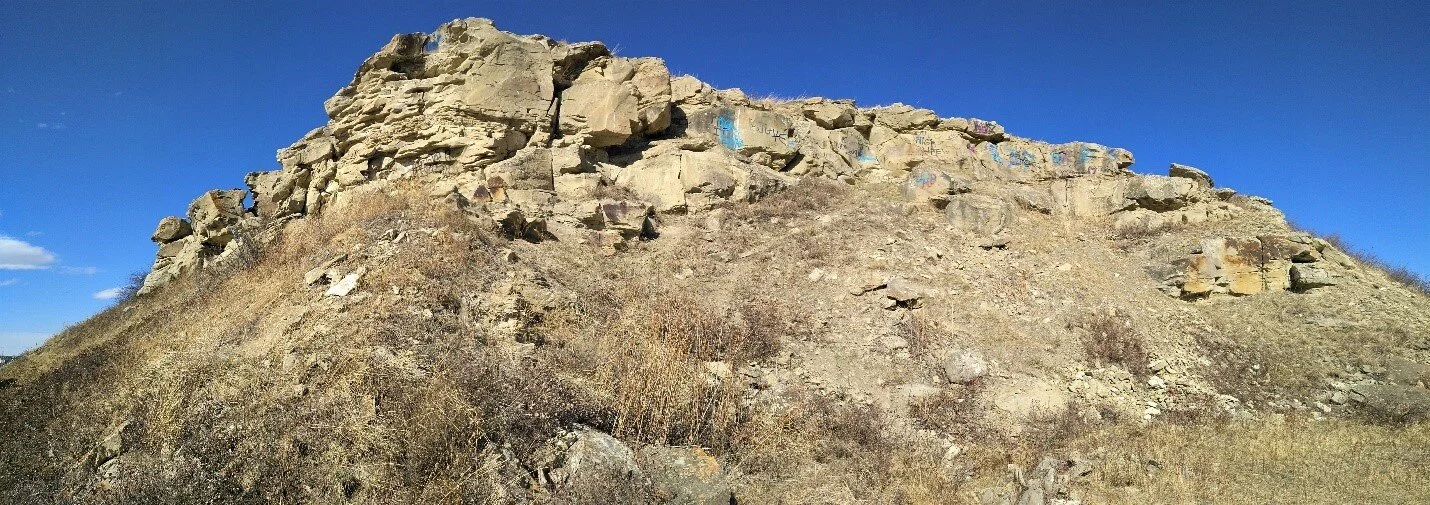 The J.A. Lewis Quarry and this second quarry in the cliffs above Beddington Creek are Paskapoo Formation. Photo by C.W. Gross.