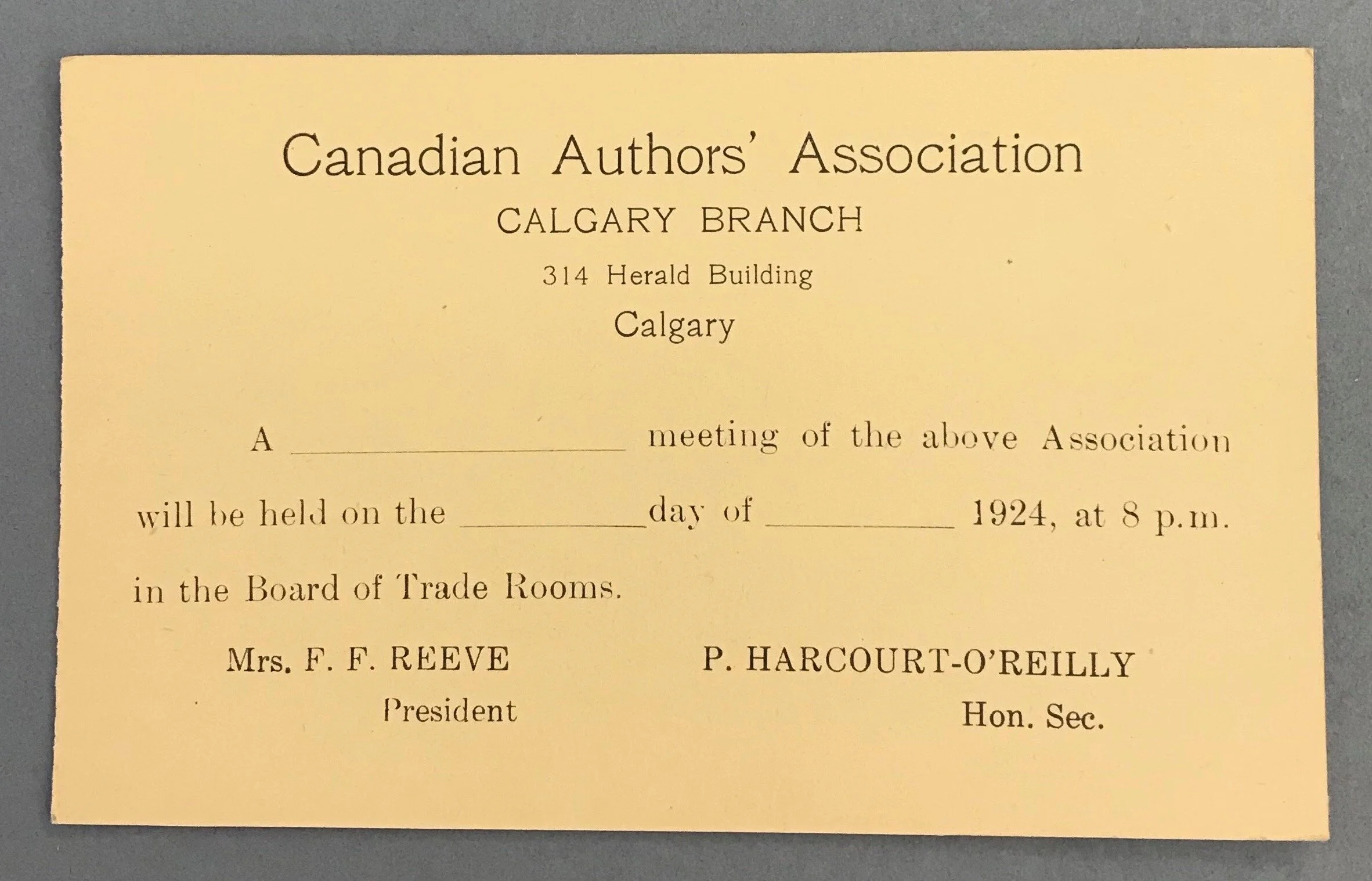 A 1924 Calgary branch meeting card for the Canadian Authors’ Association the year Winnifred Eaton Reeve served as president. Photo from the Glenbow Archives.