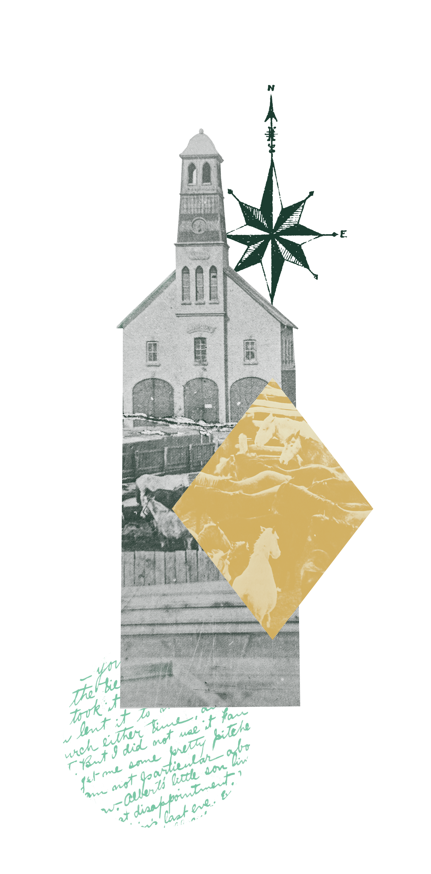 collage of historic visual elements centred around a the historic fire headquarters