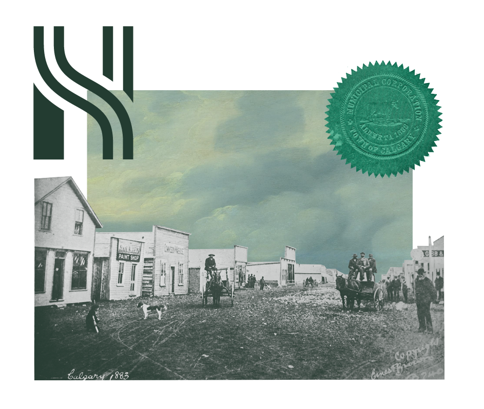 Heritage Calgary monogram and a historic photo of Stephen Ave