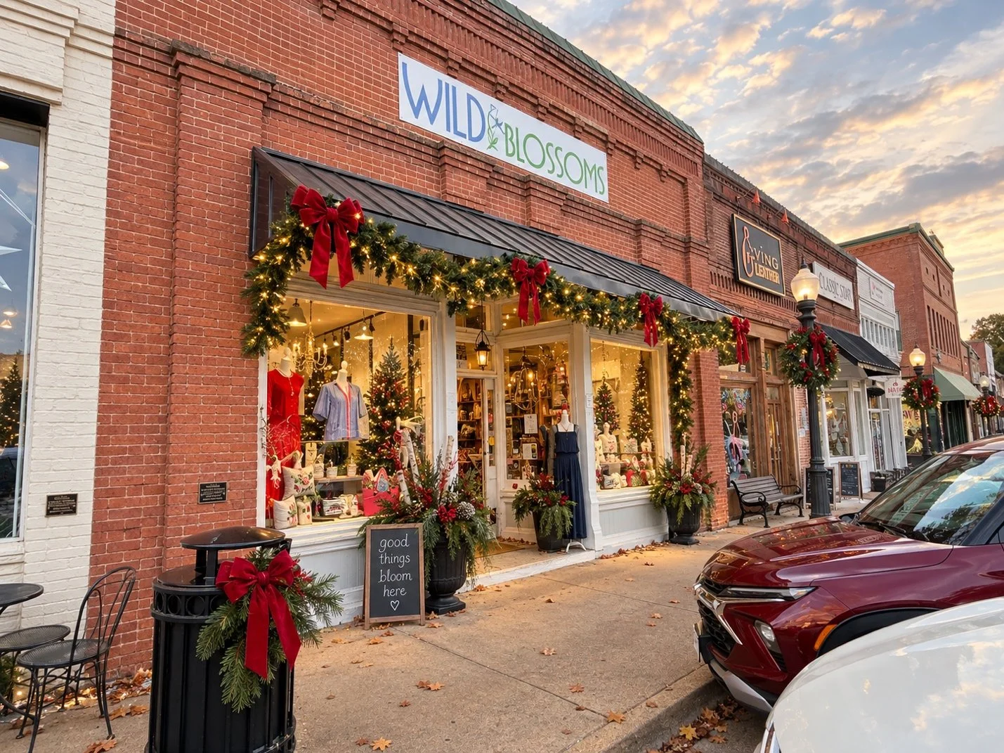 Holiday-inspired view of Wild Blossoms on Main Street in downtown Acworth, decorated with festive greenery and red bows.