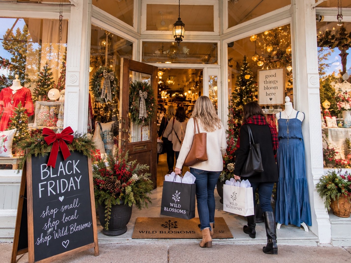 Holiday boutique storefront with a Black Friday chalkboard and shoppers browsing seasonal finds.