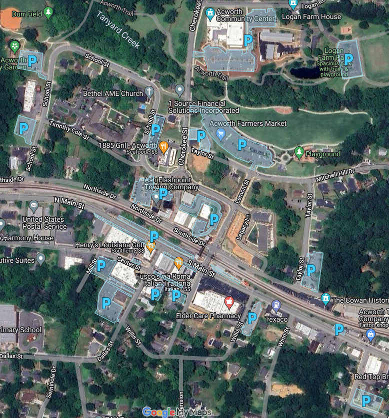 Map of parking locations throughout Historic Downtown Acworth near Main Street and local shops