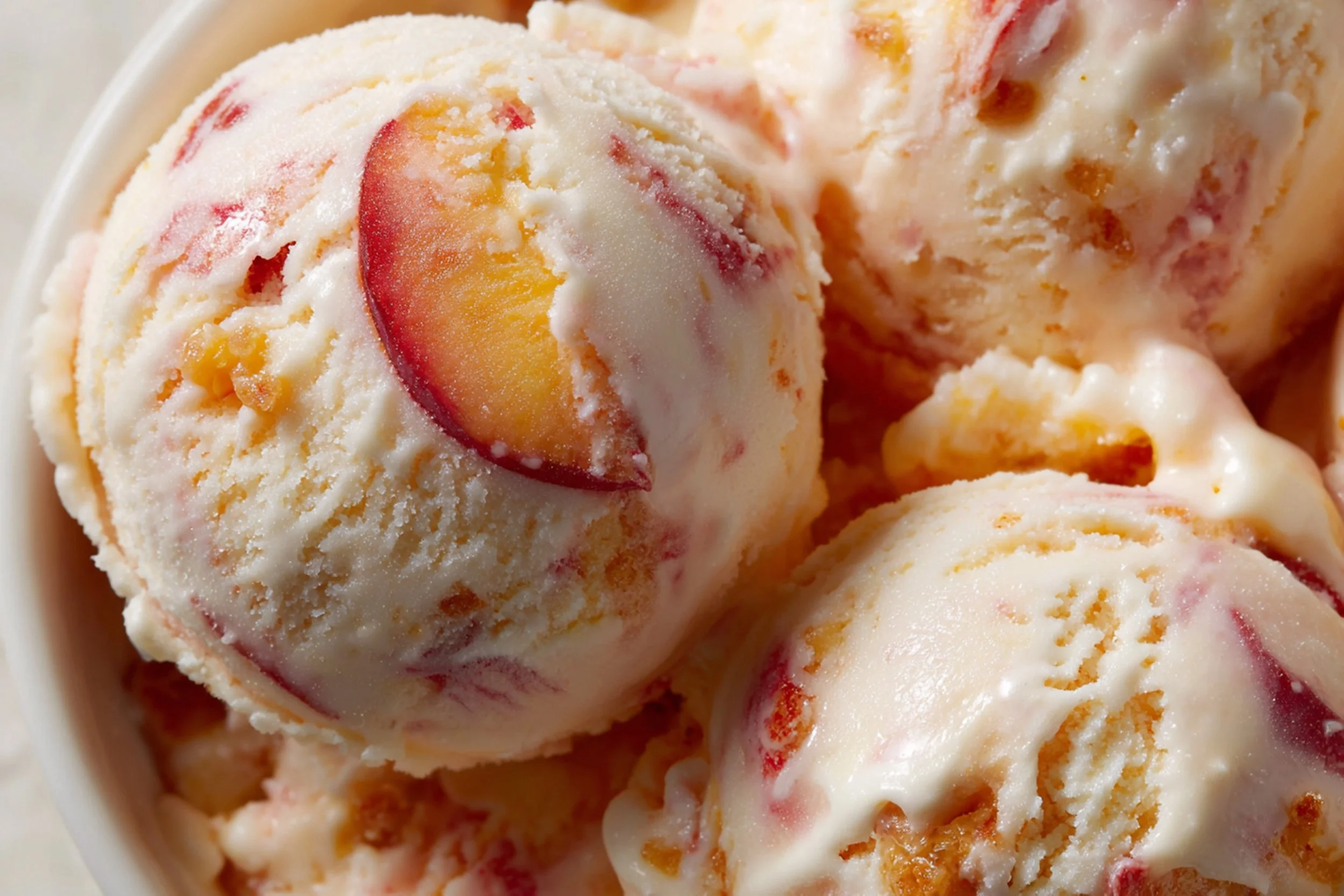 Close-up of scooped no-churn Georgia peach ice cream with fresh peach slices and chunks, served in a white bowl, a creamy summer dessert recipe from Wild Blossoms in Acworth, GA.