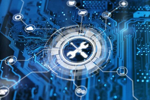 Digital illustration of technology tools and concepts, featuring a central icon of a wrench and screwdriver, with interconnected circuit boards and icons representing cloud computing, security, mobile devices, and data.
