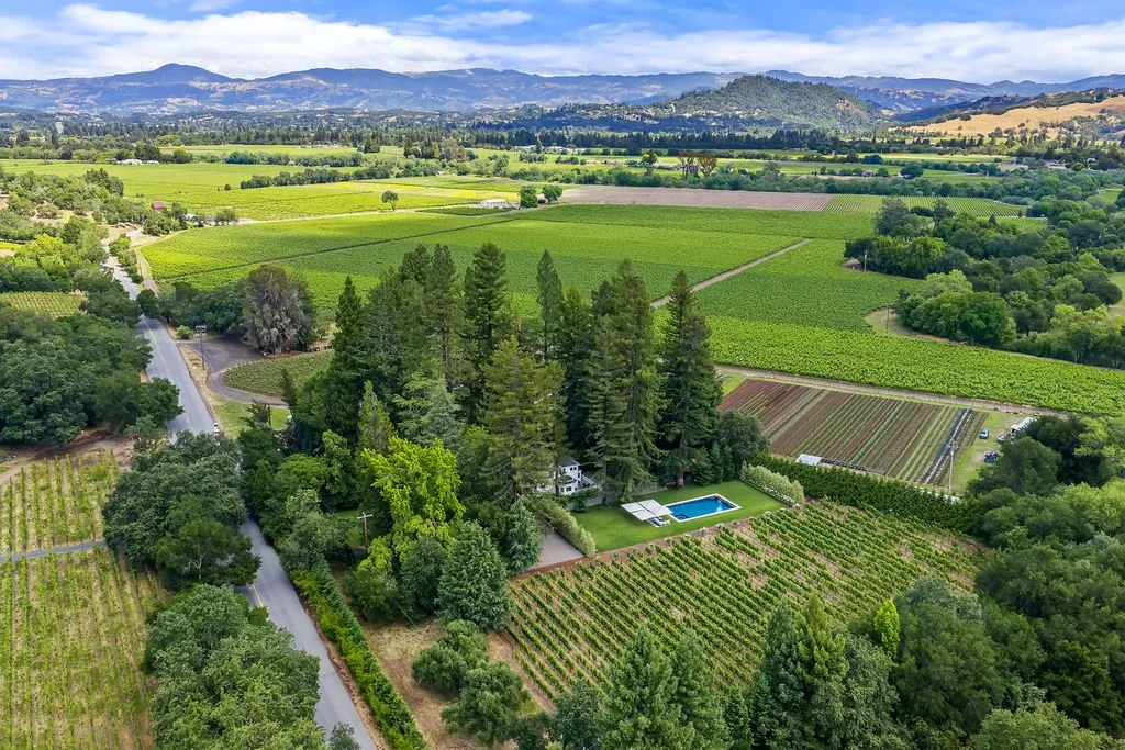 Aerial view of a farm with lush green fields, vineyards, and tall trees surrounding a house with a swimming pool, set against rolling hills and mountains under a partly cloudy sky.