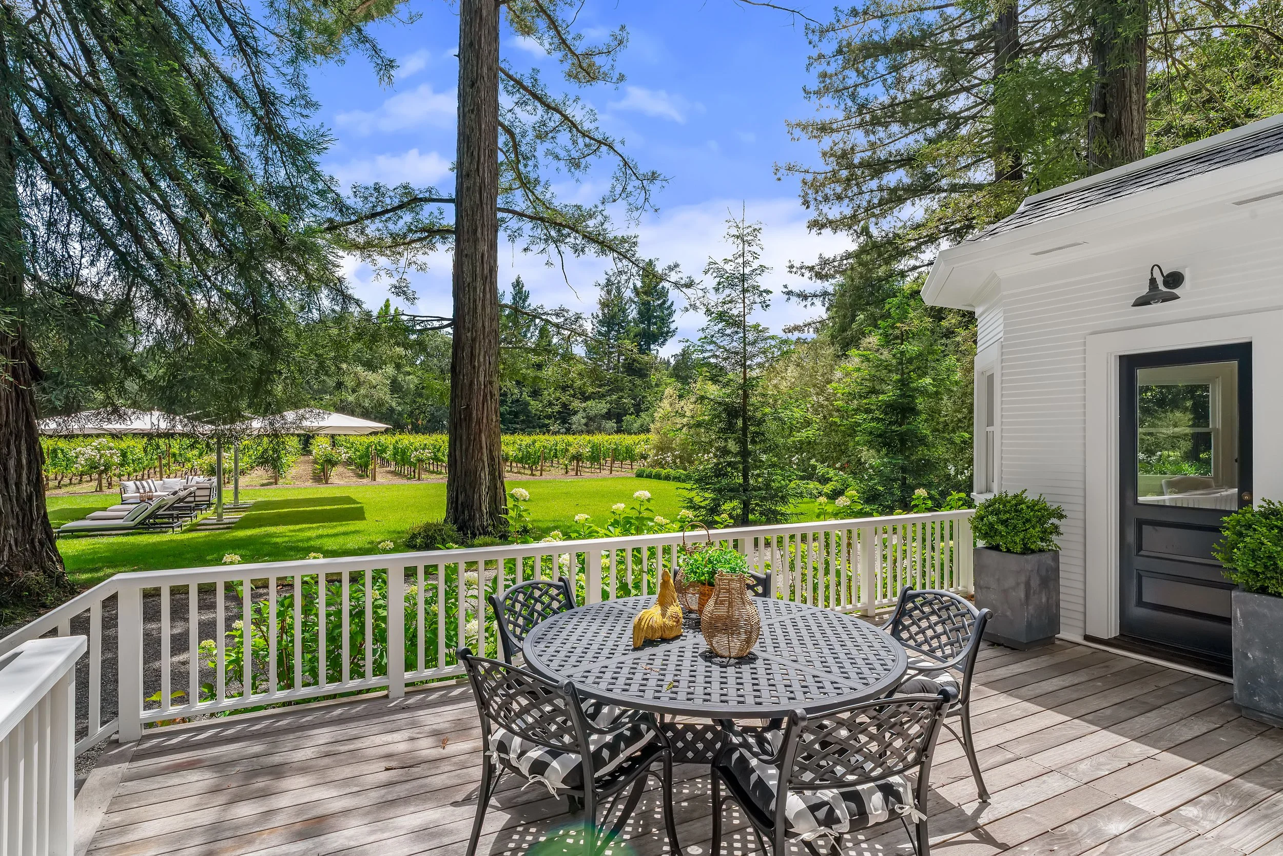 A backyard patio with a round metal table and chairs, a small rooster figurine, potted plants, and a view of a lush green lawn with trees, vineyard rows, and outdoor furniture under umbrellas, adjacent to a white house with a door and a exterior light fixture.