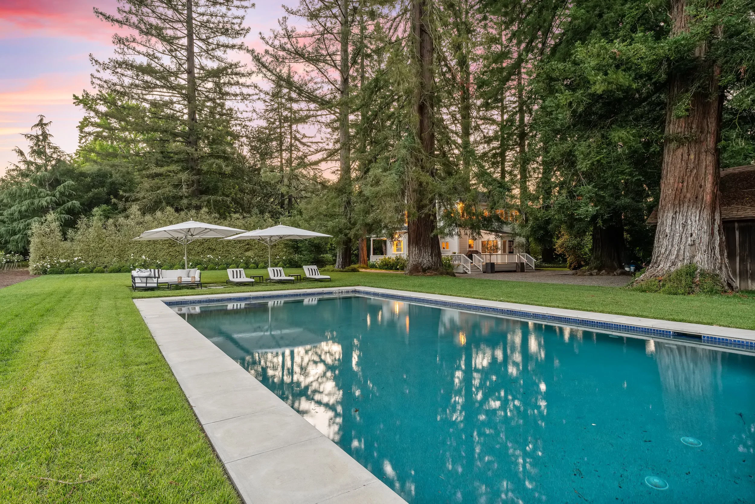 A backyard swimming pool surrounded by a green lawn and tall trees, with a house in the background at sunset.