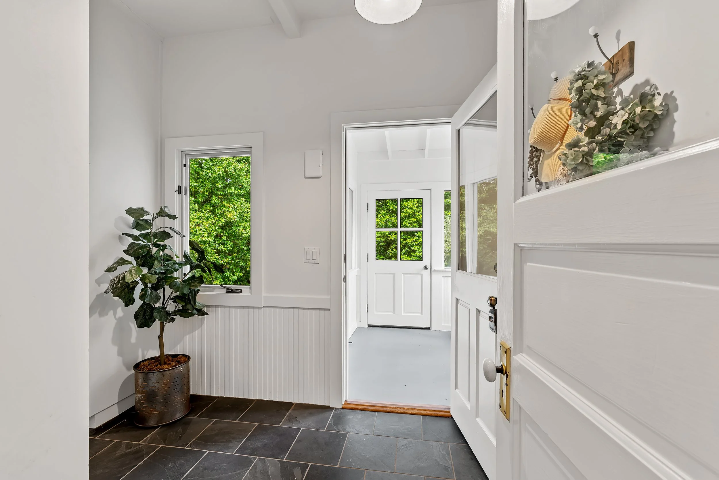 Entryway with white walls, a closed white door with a window, a potted plant with broad green leaves, and decorative items on a wall-mounted wooden shelf.