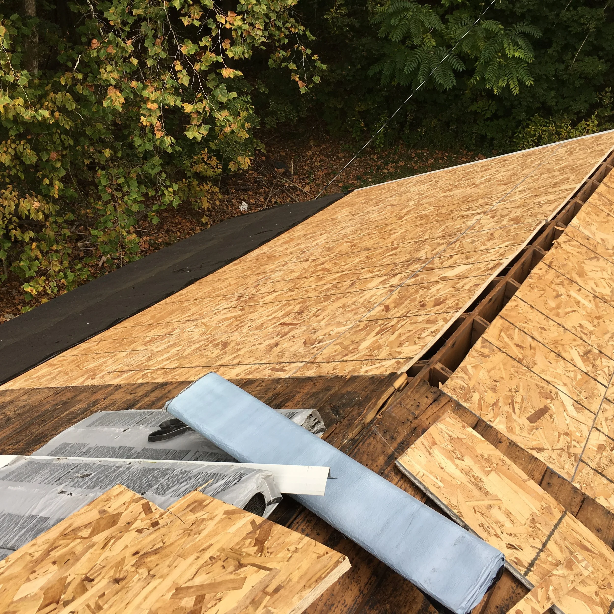 A rooftop under construction with plywood sheathing, black roofing felt along the edge, and insulation rolled out with a silver reflective side facing up, surrounded by trees with green leaves.