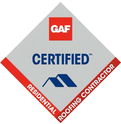 A certification badge with the GAF logo at the top, the word 'CERTIFIED' in the center, and 'RESIDENTIAL ROOFING CONTRACTOR' at the bottom, featuring a two-tone background of gray and red.