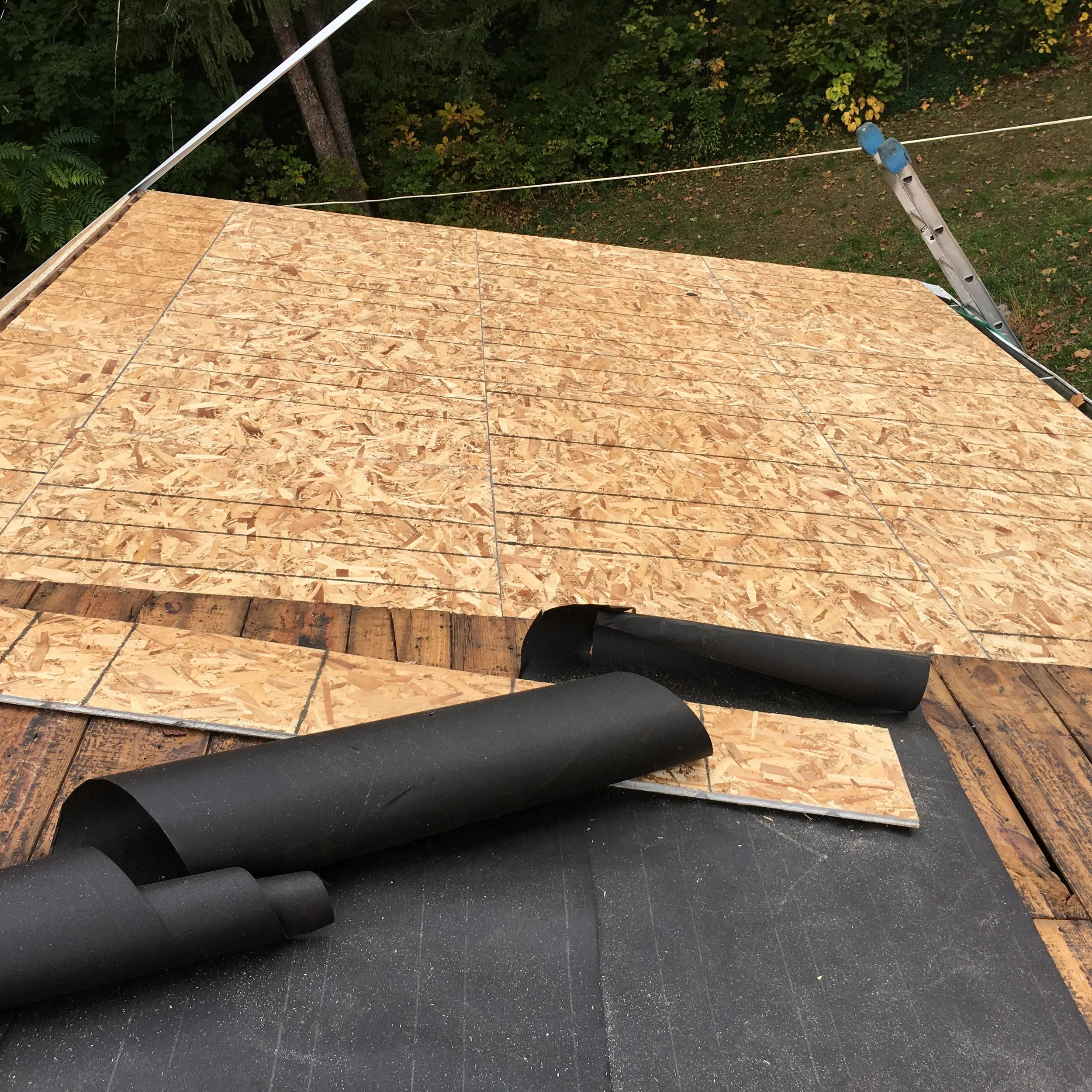 Construction site with plywood flooring, black rubber sheet, aluminum ladder, and trees in the background.