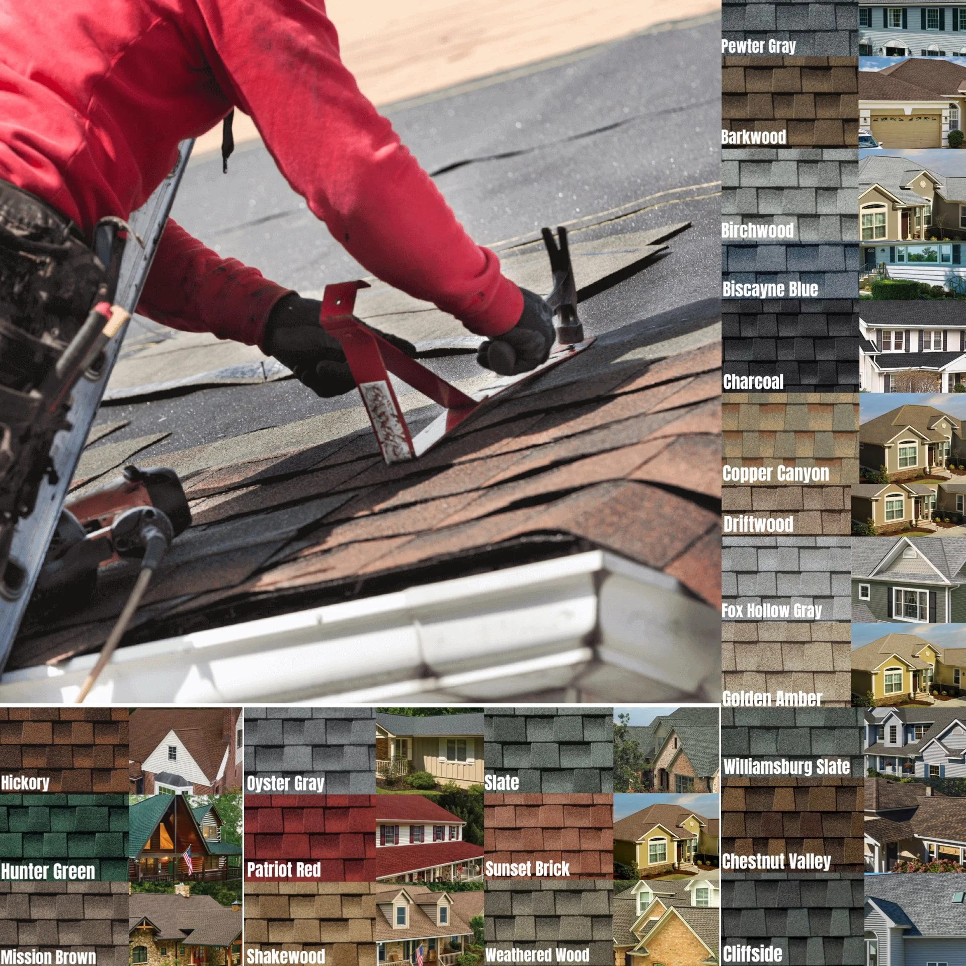 Close-up of a worker in a red jacket installing asphalt roofing shingles on a roof, with a marked color sample guide on the right showing various shingle colors and names such as Pewter Gray, Barkwood, Birchwood, Biscayne Blue, Charcoal, Copper Canyon, Driftwood, Hickory, Oyster Gray, Slate, Williamsburg Slate, Hunter Green, Patriot Red, Sunset Brick, Mission Brown, Shakewood, Weathered Wood, Cliffside.