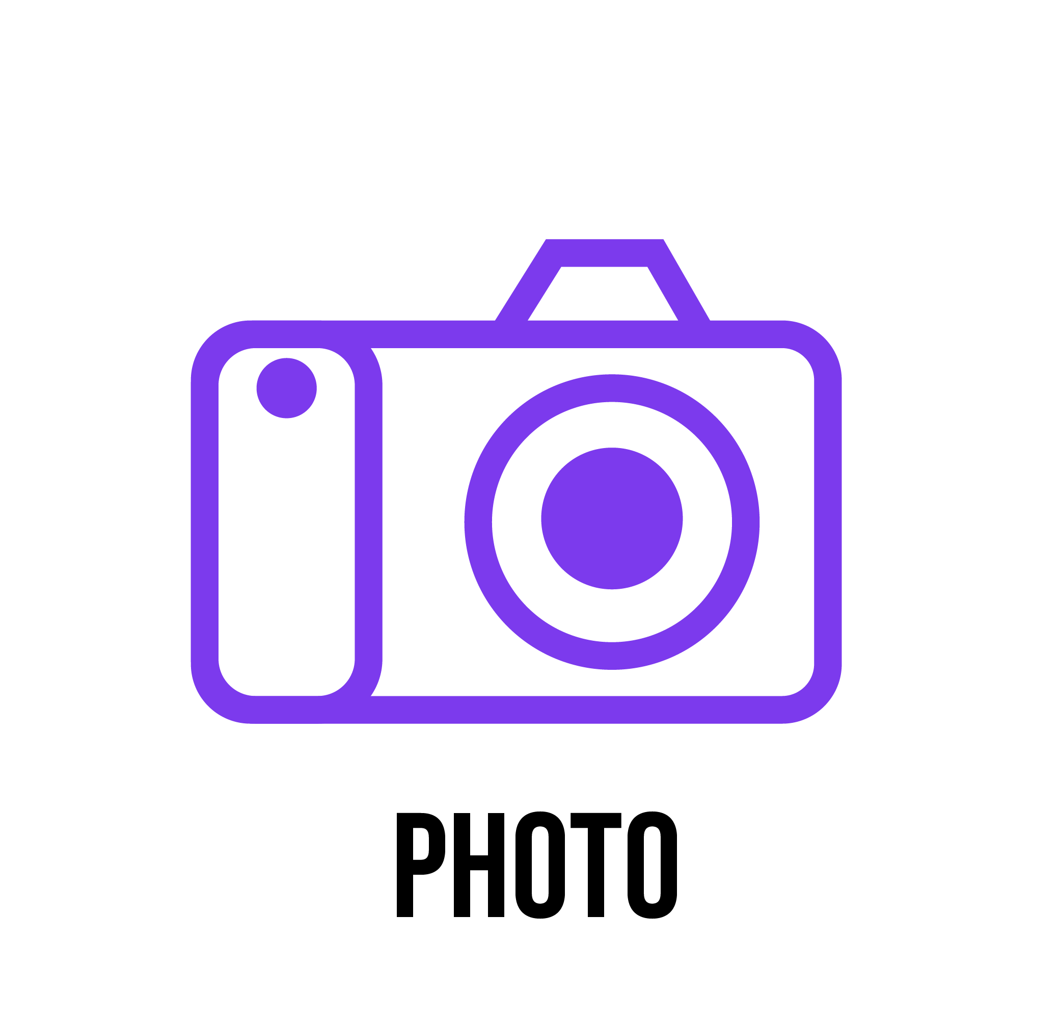 Line drawing of a camera with purple outline on a black background, showing high octane can support with photography for businesses