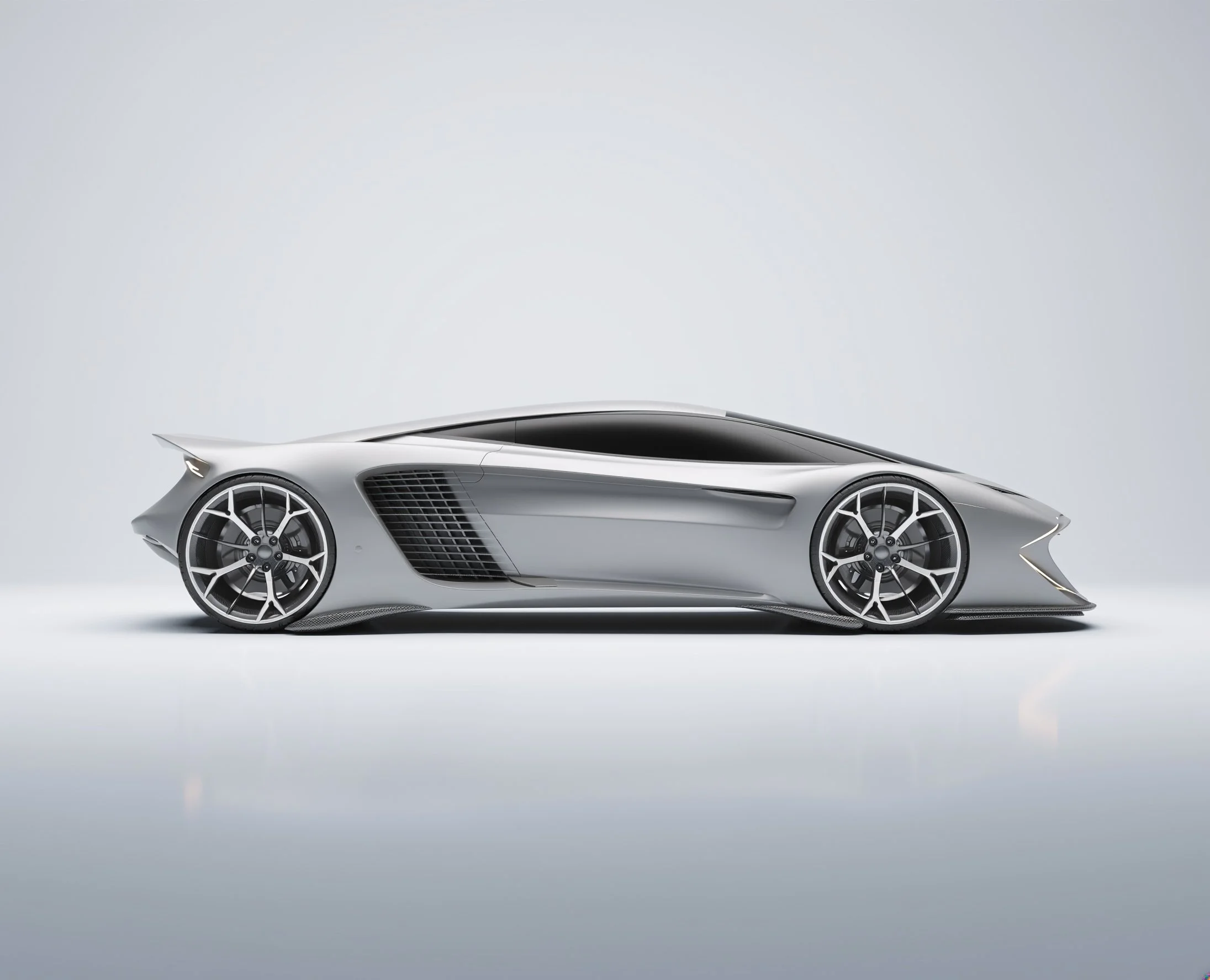 A sleek, futuristic silver sports car with aerodynamic curves and large alloy wheels, positioned on a plain light gray background.