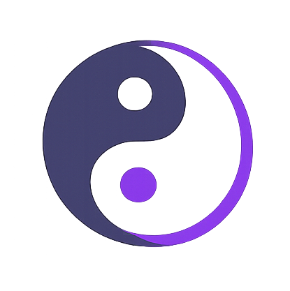A 3D yin-yang symbol in dark gray and purple, with a modern, stylized design. Showing high octane balances creativity with professionalism.