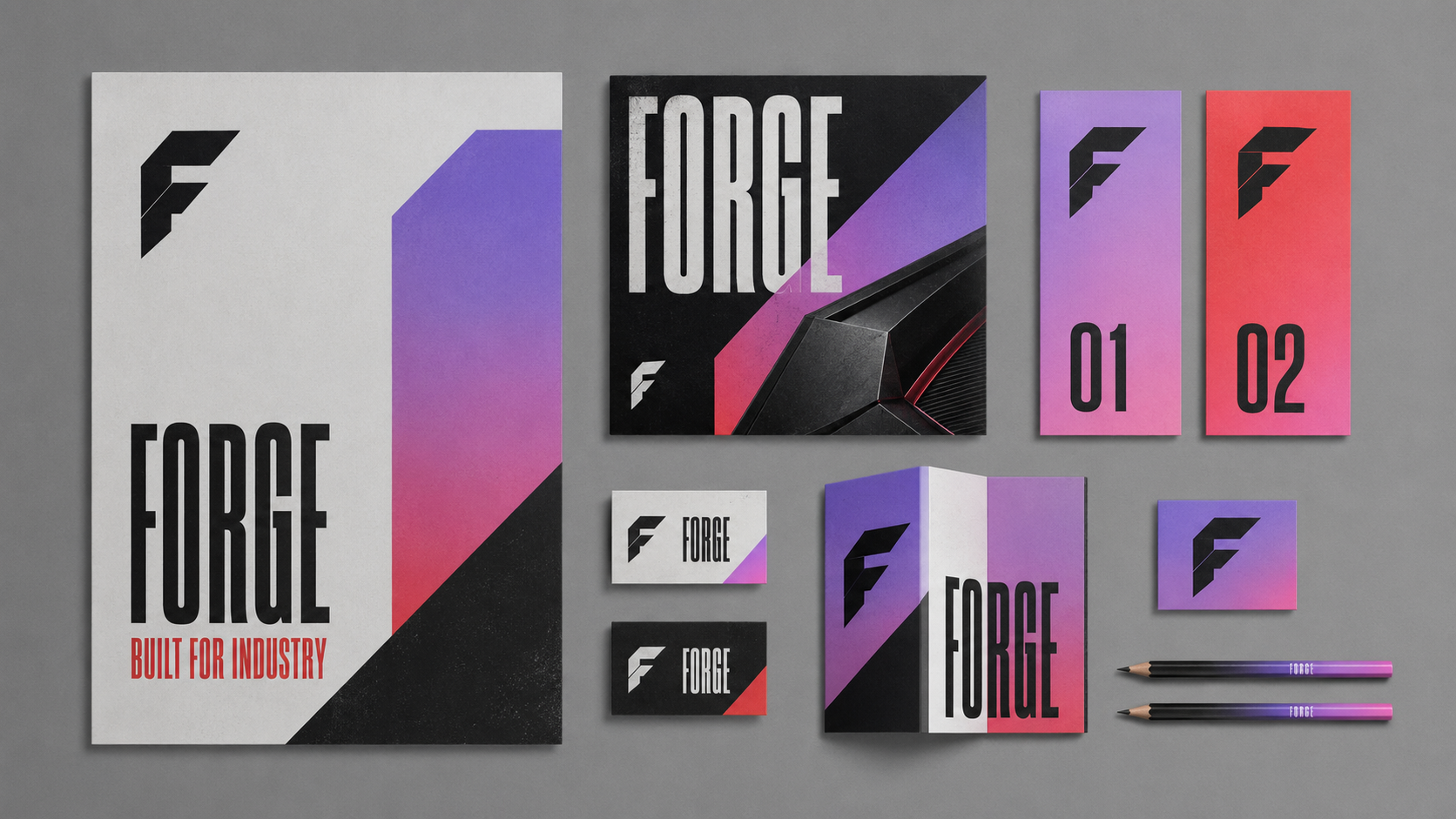 Collection of branding materials for 'Forge', including posters, business cards, a brochure, pens, and packaging, featuring black, white, purple, and red geometric designs and logos.