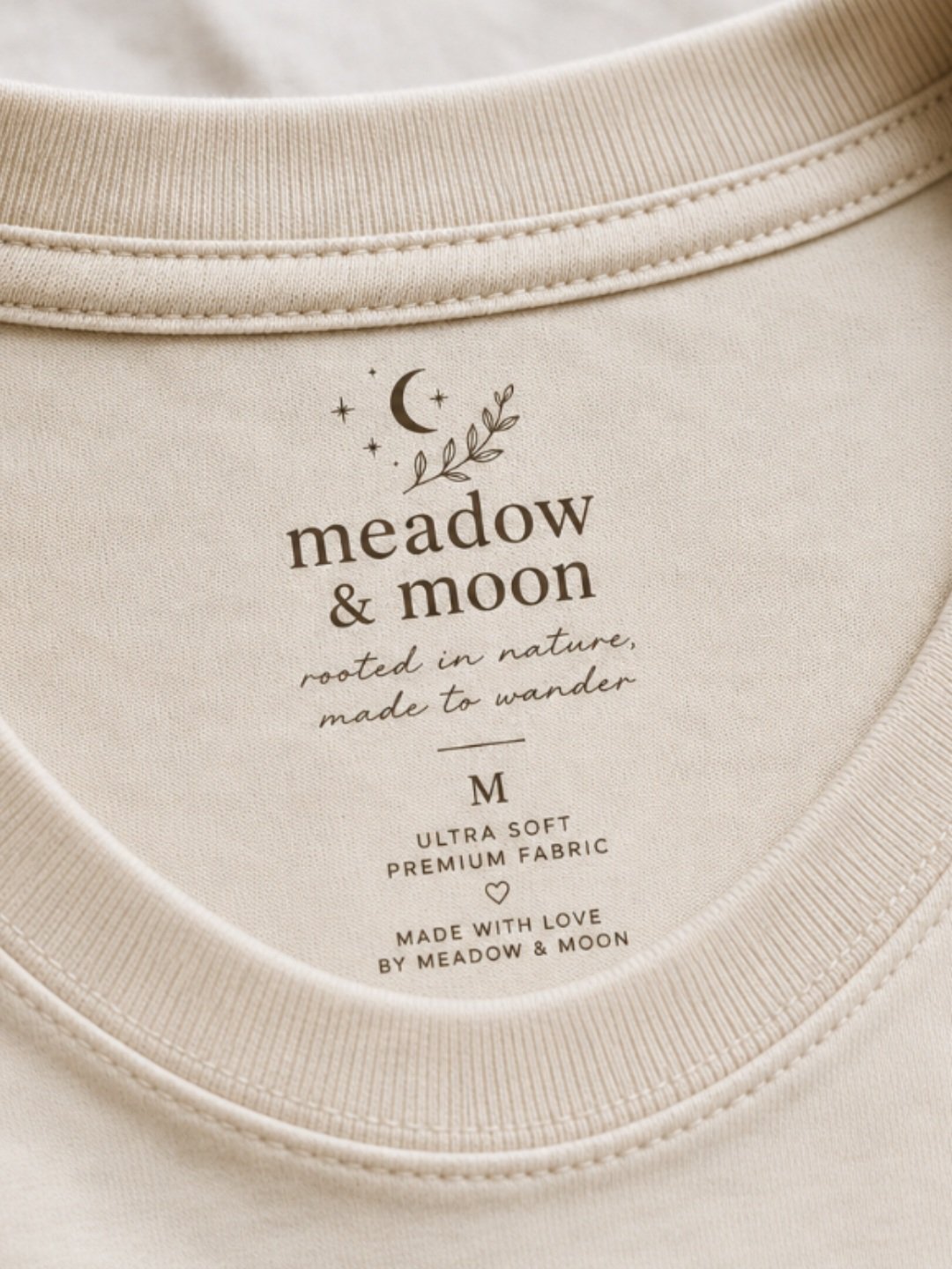 The label inside a cream-colored shirt reads 'meadow & moon' with a moon and stars illustration, and text indicating it is made of ultra-soft premium fabric, size M, made with love by Meadow & Moon.