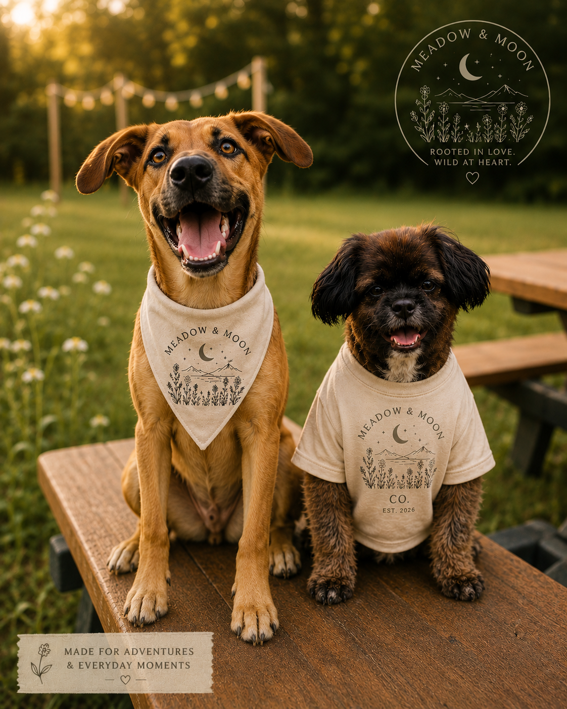 Two dogs sitting on a wooden table outdoors, wearing cream-colored bandanas and T-shirts with a mountain and moon design, in a grassy area at sunset, with a string of lights in the background.
