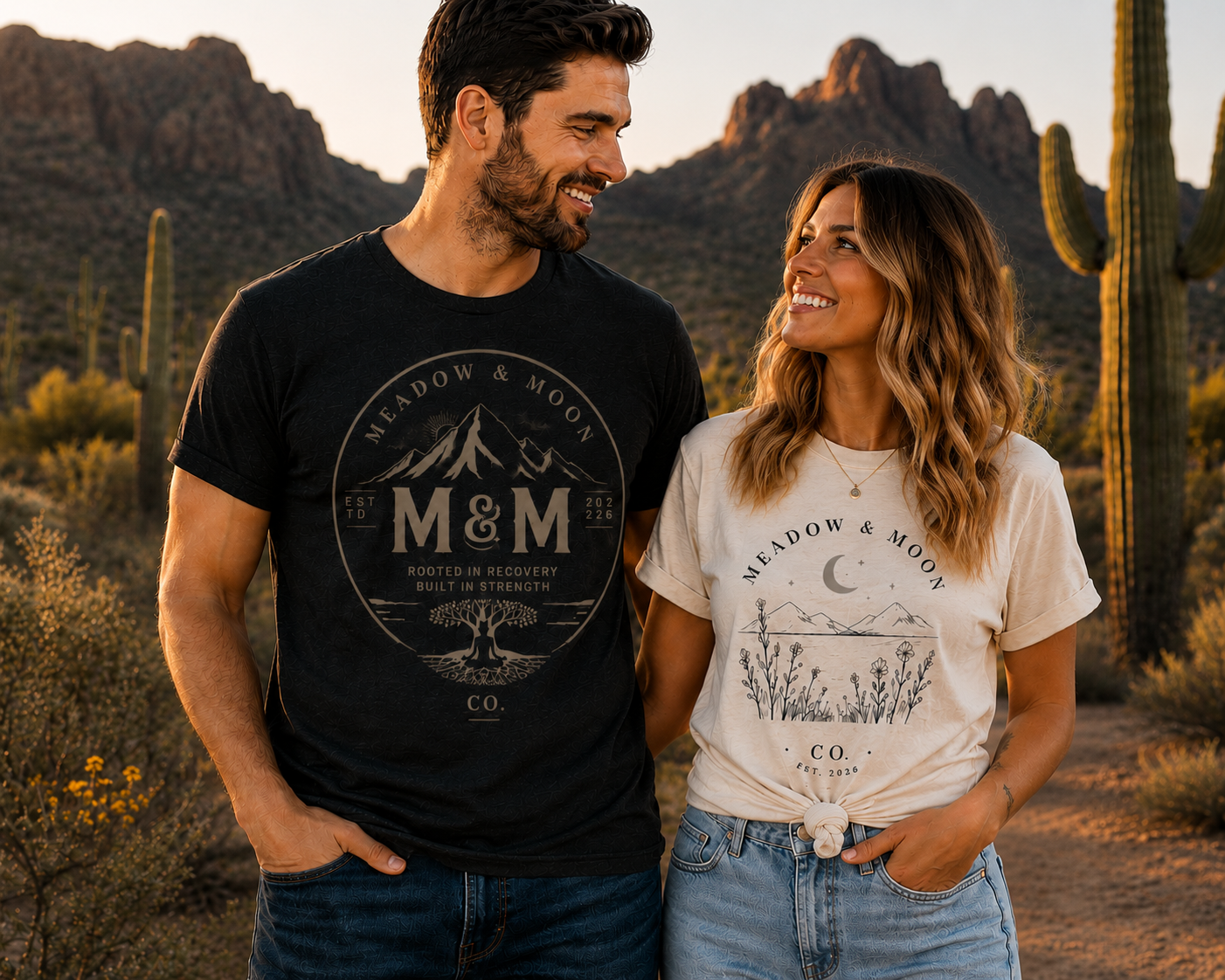 A smiling man and woman standing outdoors in a desert landscape with mountains and cacti in the background, at sunset, wearing matching "Meadow & Moon" t-shirts.