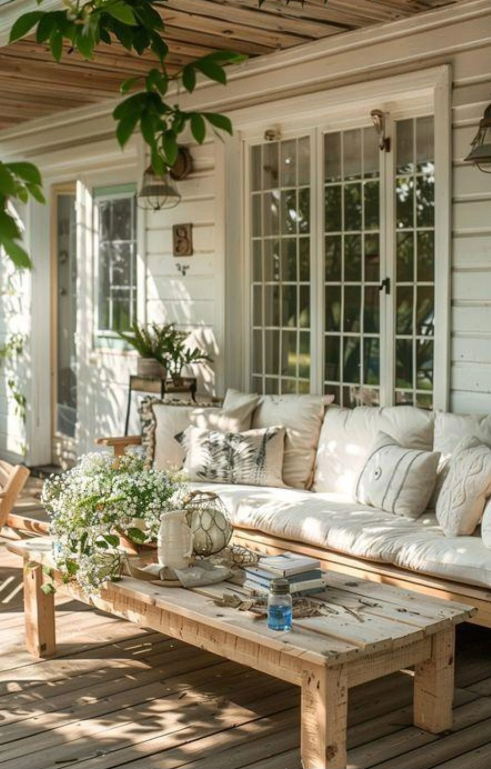 A cozy outdoor patio with a wooden bench sofa topped with beige and striped cushions, a rustic wooden coffee table with decorative vases, plants, and books, surrounded by greenery and a white siding wall with large glass windows and pendant lights.