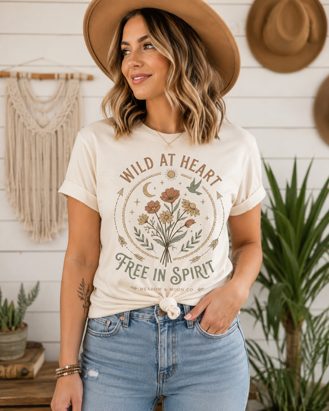 A woman in a beige t-shirt with a floral and celestial design and the text "Wild at Heart Free in Spirit," wearing a wide-brimmed tan hat, standing indoors with a boho wall hanging and potted plants in the background.