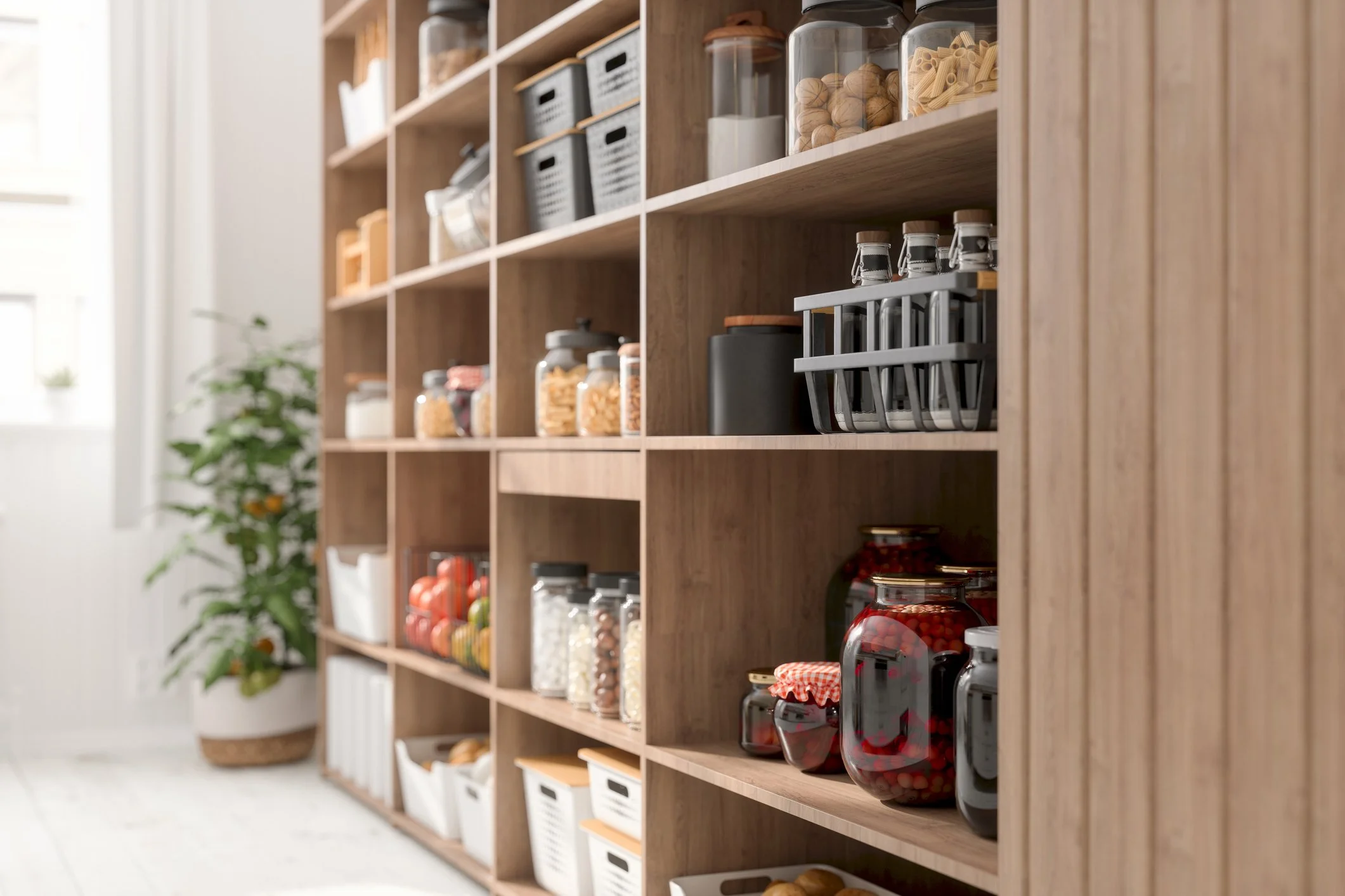 A wooden pantry shelf filled with glass jars, containers, and baskets holding various food items such as pasta, nuts, and dried goods, with a potted plant visible in the background to the left.