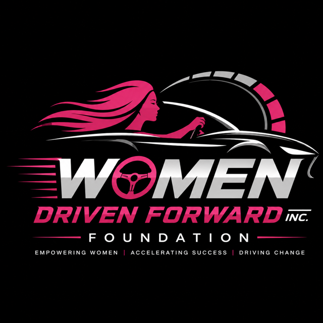 Logo for Women Driven Forward Inc. featuring a stylized illustration of a woman with flowing hair driving a car, with the car's steering wheel replacing the "O" in "Women." The logo includes the tagline "Empowering Women, Accelerating Success, Driving Change."