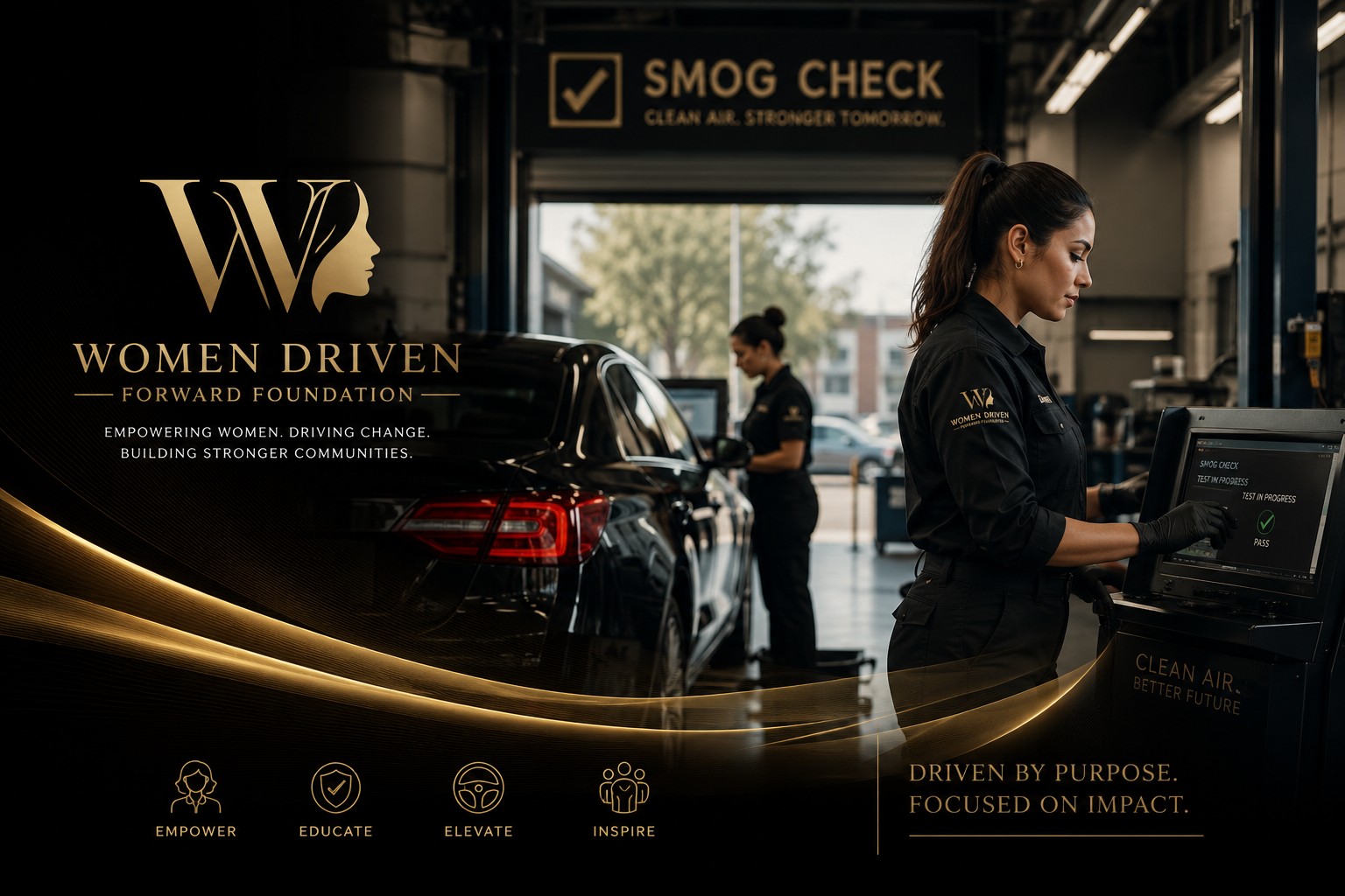 A woman in black uniform operating an emissions testing scanner in an auto service garage with another woman working in the background. The image promotes the Women Driven Forward Foundation, emphasizing empowerment, education, elevation, and inspiration for women, with a focus on driving change and building stronger communities.