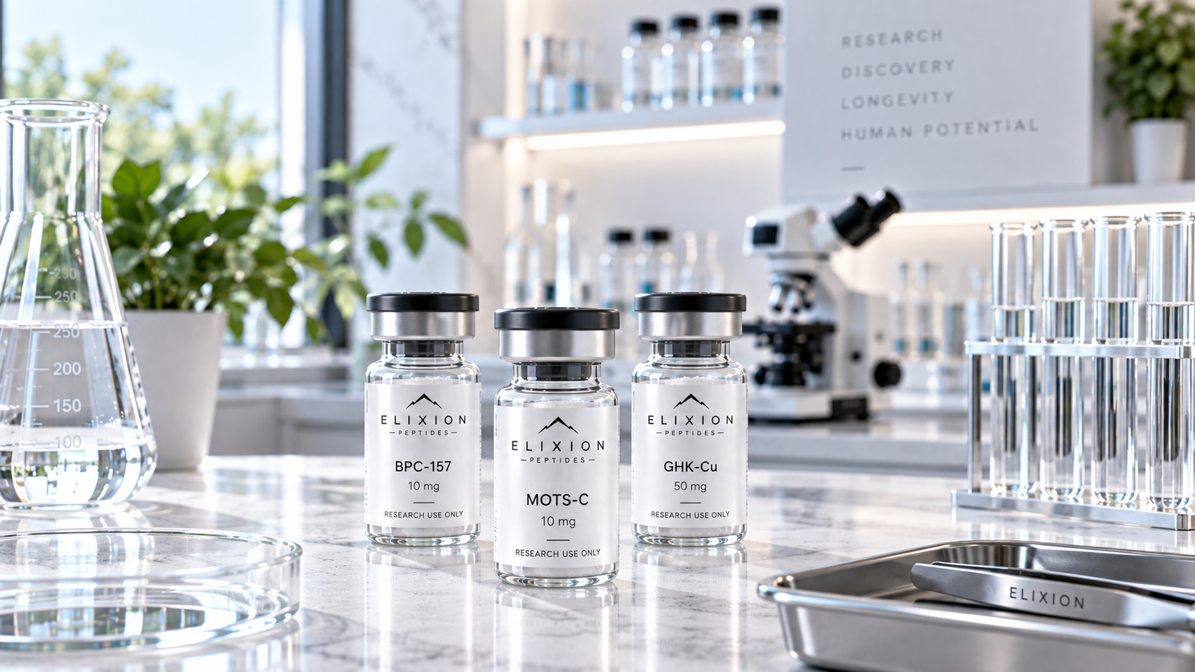 Scientist's laboratory with three glass vials labeled ELIXION PEPTIDES, with different codes and dosages, on a white marble countertop. Laboratory equipment includes a beaker, test tube rack, petri dish, and a microscope, with green plants and window in the background.