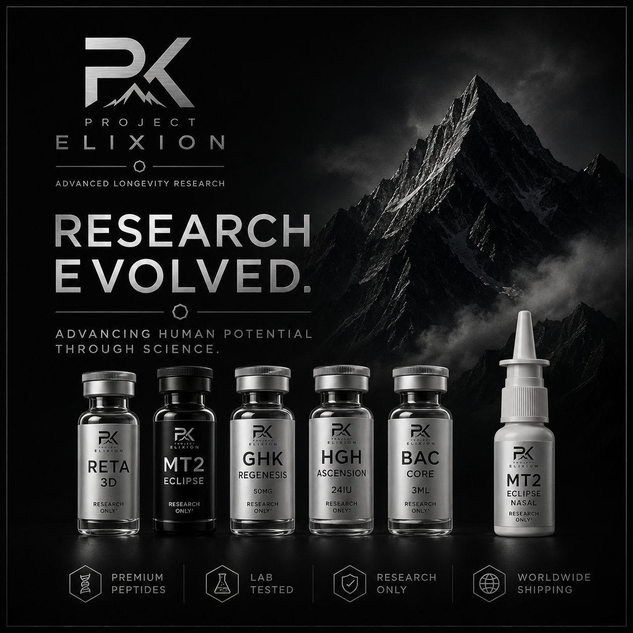 Image of black and white bottles labeled with research codes, featuring the text: 'Research Evolved. Advancing human potential through science.' The bottles are set against a dark mountain background, with icons indicating premium peptides, lab tested, research only, and worldwide shipping.