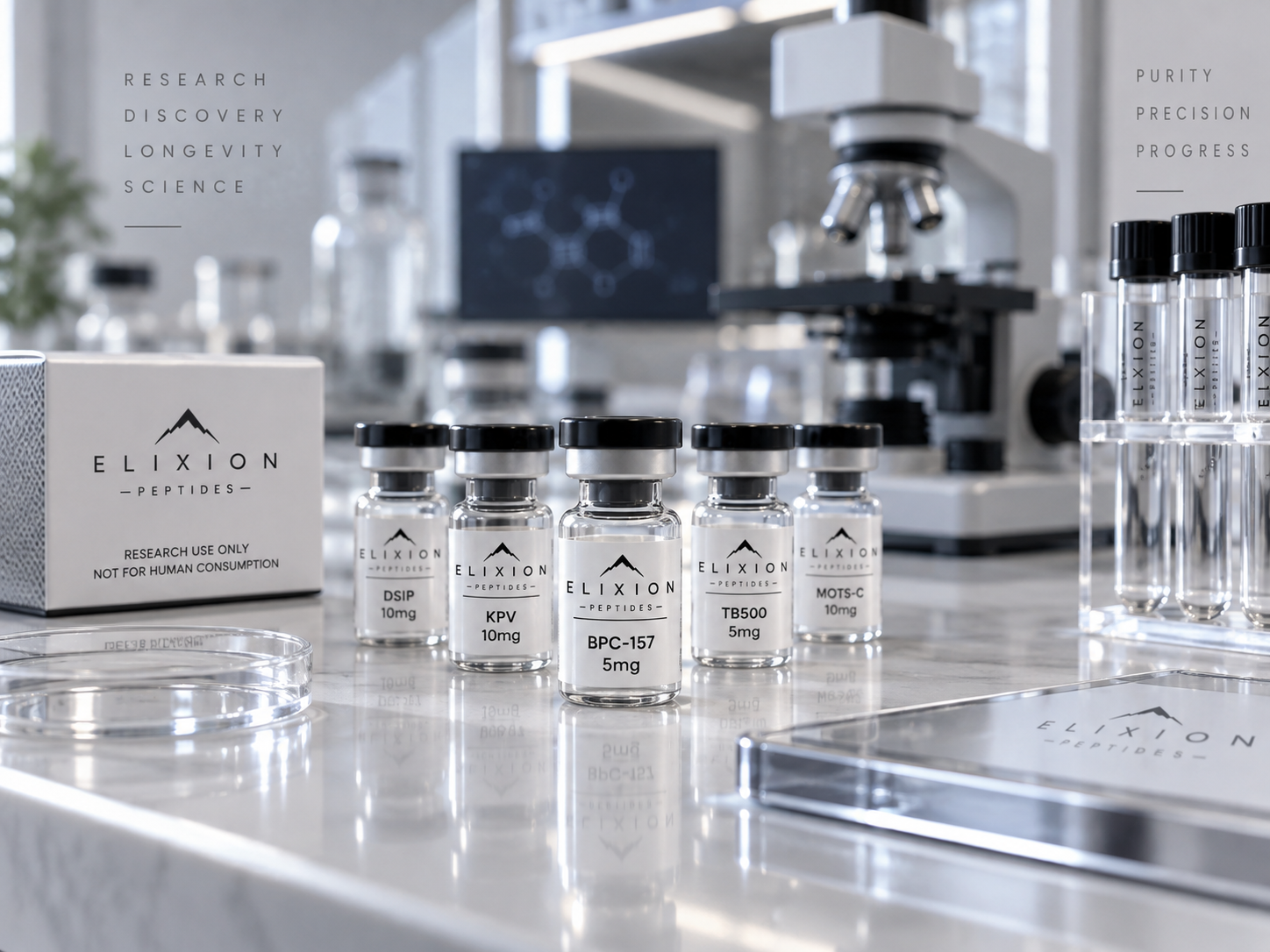 Laboratory setting with vials labeled Elixion Peptides on a white surface, microscope in background, test tubes, and scientific equipment for research.