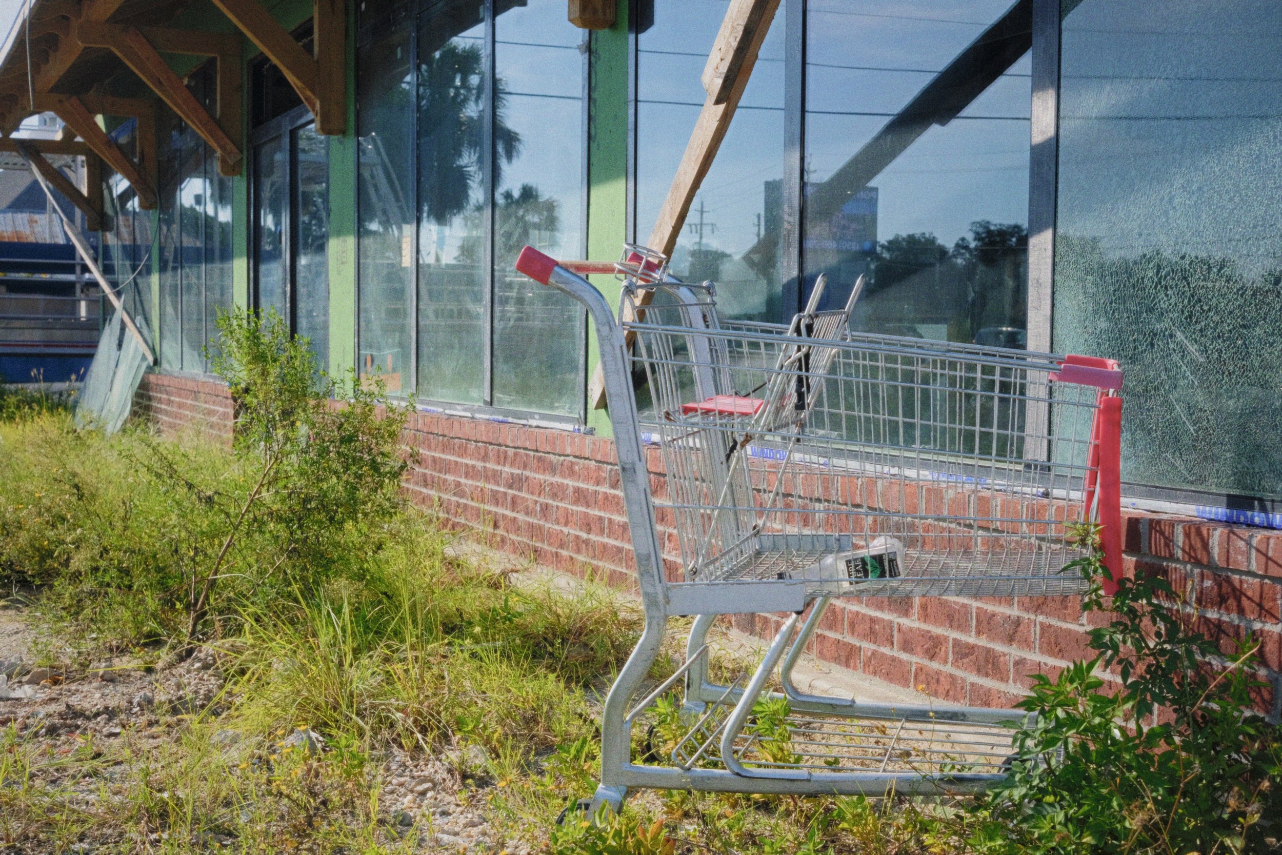 An abandoned shopping cart resting in a patch of grass and weeds outside a building with large glass windows and a brick base, with a green wall and some wooden structural elements visible.