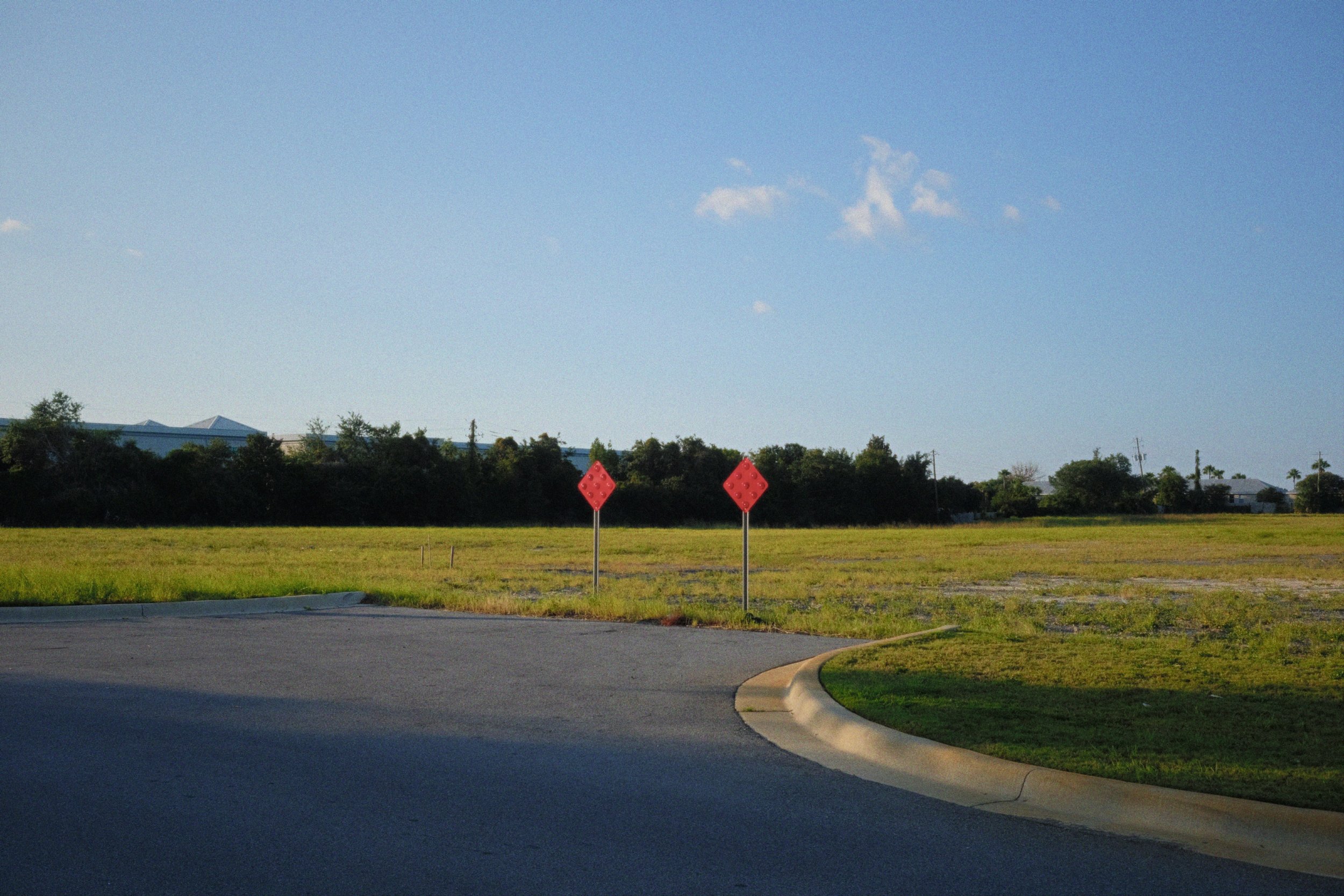 A clear blue sky with a few small clouds, an open grassy field, and two red diamond-shaped warning signs on white poles near the edge of a paved road curb.