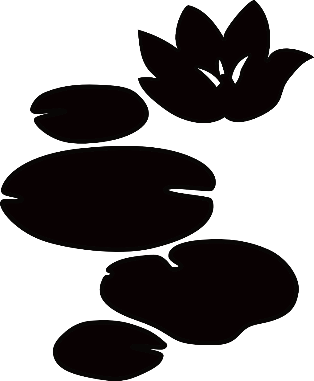 Silhouette of lily pads and a lily flower on water.