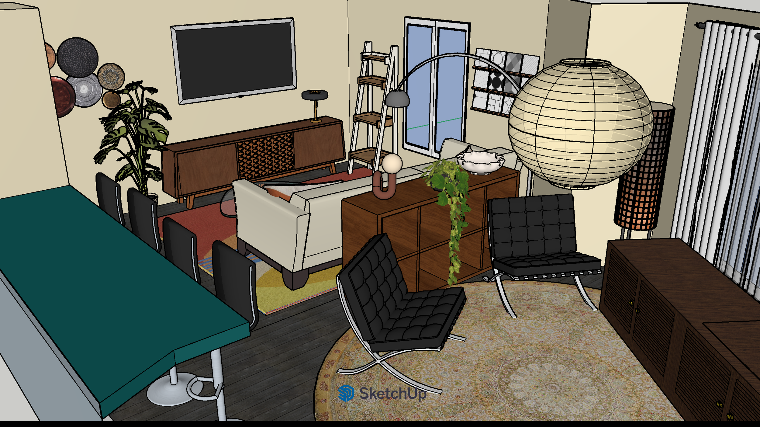 A 3D model of a living room featuring a green table with white legs, black chairs, a beige sofa, a wooden sideboard, a large hanging paper lantern, a black chair, a round patterned rug, a potted plant, a flat-screen TV, a ladder, and various decorative items.