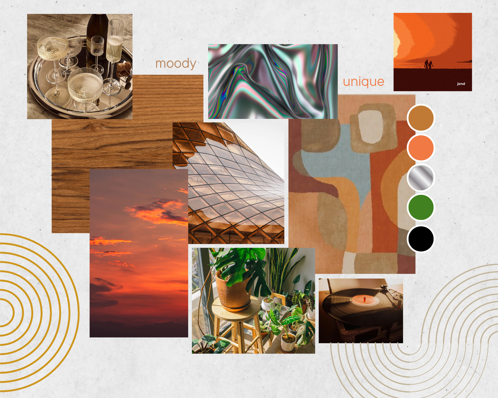 A collage of images including wine glasses on a tray, a marbled digital art piece, a sunset, a modern glass building, indoor plants, and a turntable with vinyl record. The words "moody" and "unique" are also present.