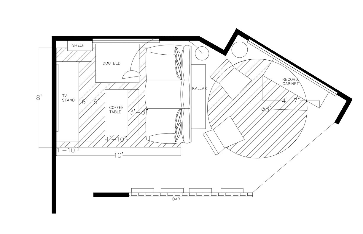 Floor plan of a living room with a couch, coffee table, TV stand, dog bed, bookshelf, and piano, along with a bar area and record cabinet.
