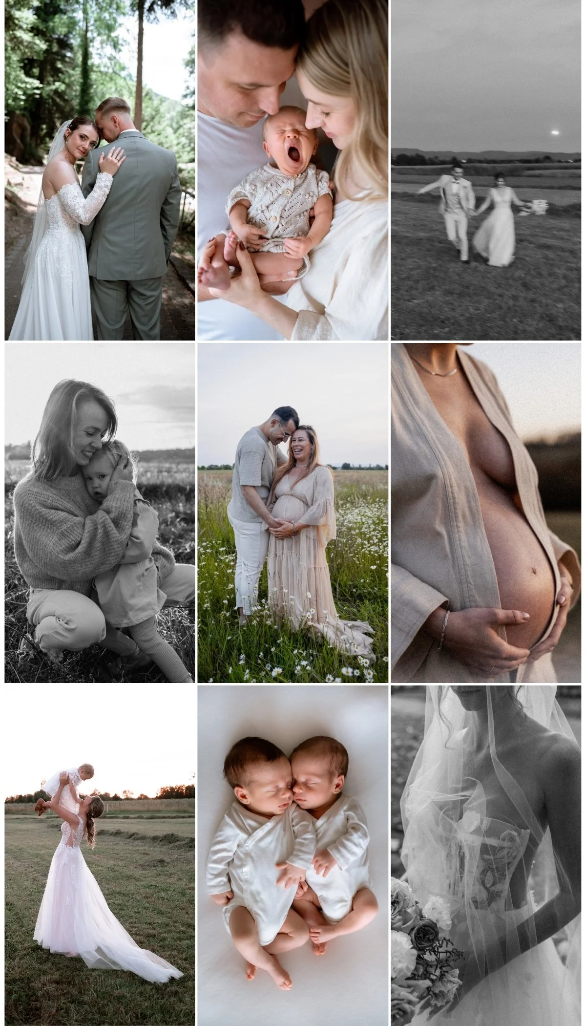 A collage of nine photos featuring various moments of love and family. The images include a wedding couple, a family with a newborn, a pregnant woman, a young girl playing outdoors, a couple with a pregnant woman, a woman holding a child, twins, and a woman with a bouquet of flowers.