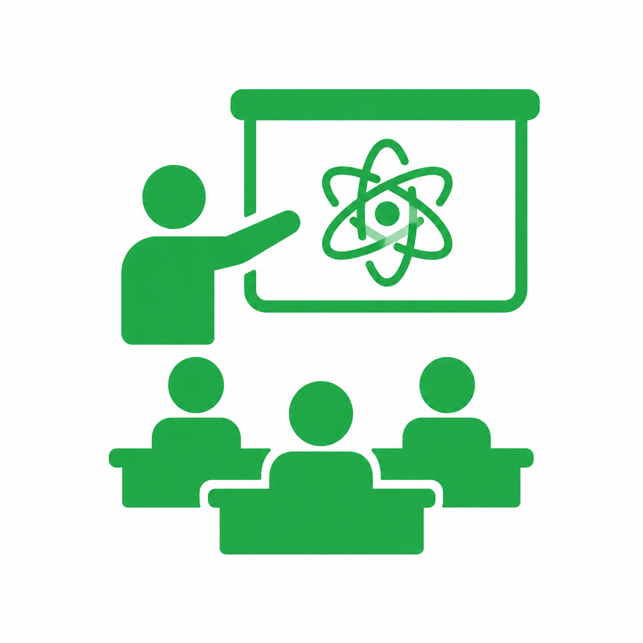 A green icon of a person pointing at a presentation board with an atomic model symbol, while three people sit facing the board.