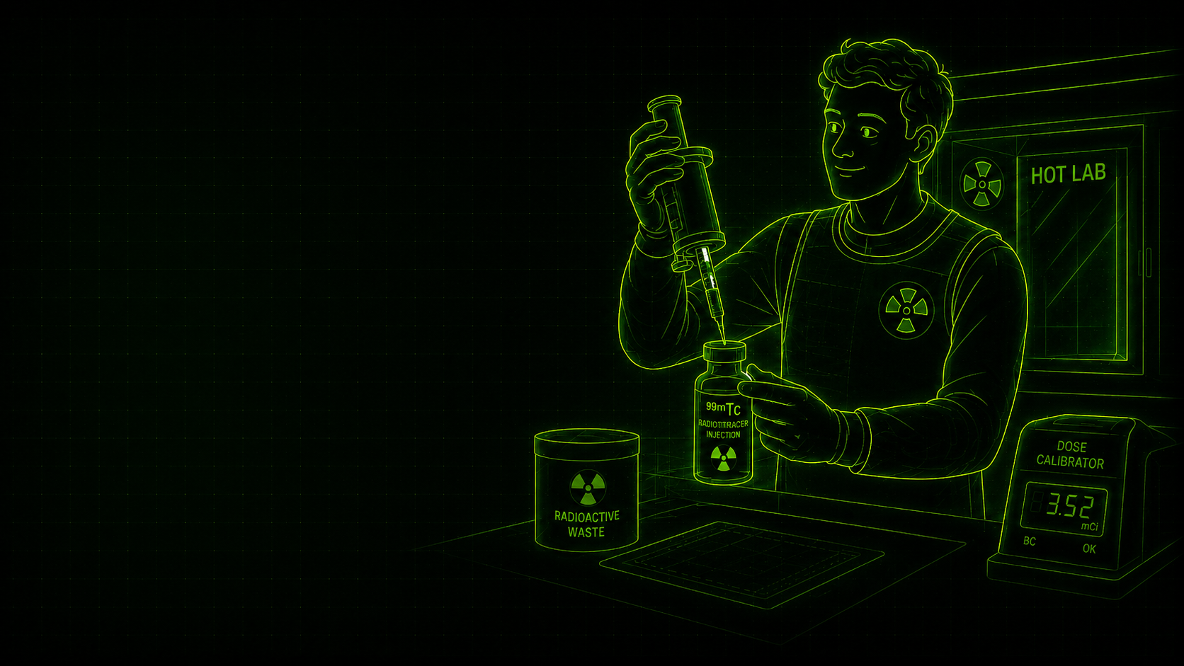 A neon-green digital drawing shows a person in a protective suit working in a radioactive lab. They are holding a syringe and injecting a liquid from a vial labeled '99mTc Radiotracer Injection' into a container labeled 'Radioactive Waste.' The lab has a HOT LAB sign on the door, and a device displaying a dose calibrator with a reading of 3.52 mCi.