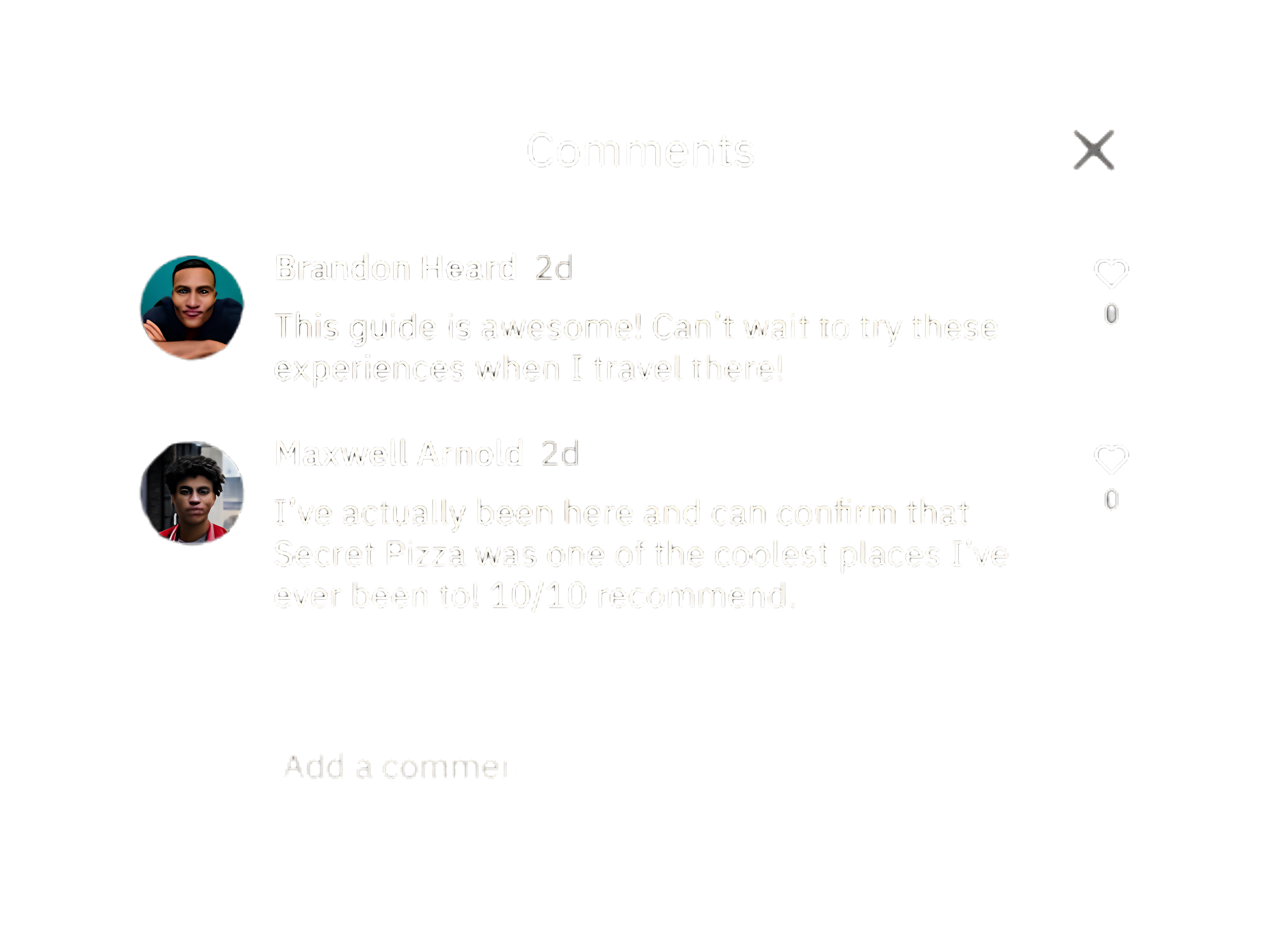 Screenshot of a social media comments section with profile pictures and comments from users Brandon Heard and Maxwell Arnold, praising a guide and sharing their experiences.