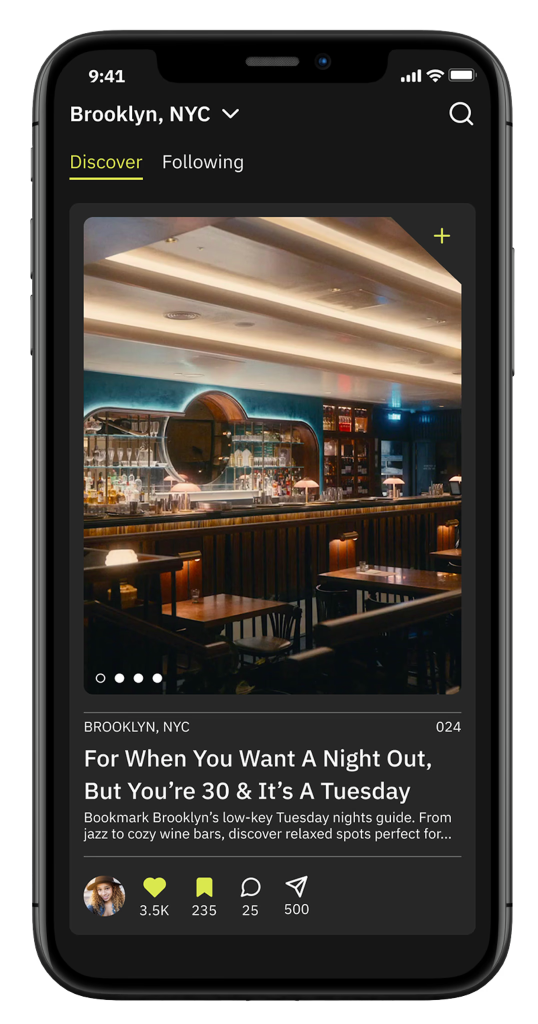Smartphone screen displaying a bar scene in Brooklyn, NYC with tables, chairs, and a bar counter, part of a nightlife guide app showing article title and social media icons.