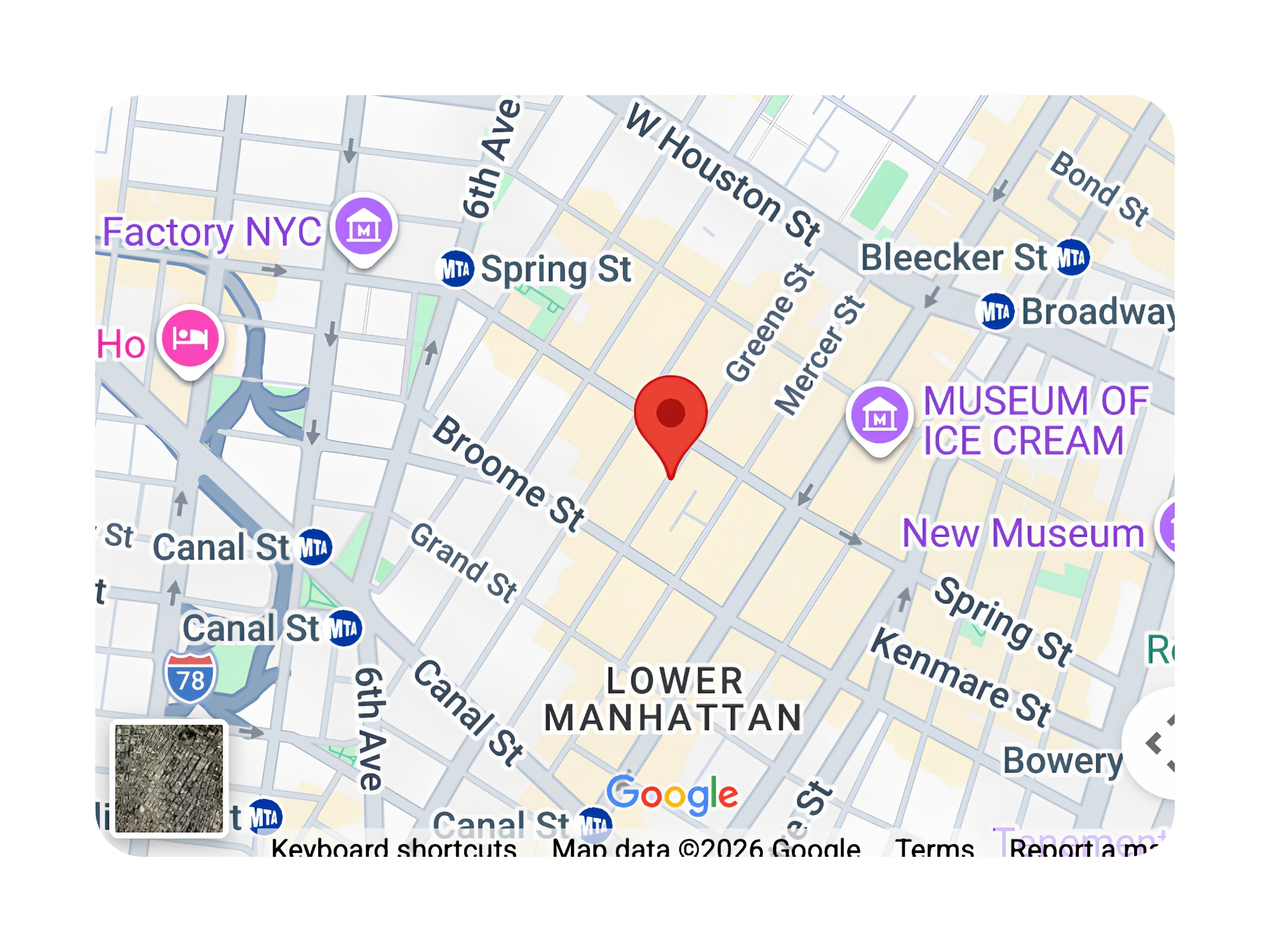 Map showing part of Manhattan, New York City, with streets like Spring Street, Broome Street, and Canal Street. Landmarks include the Museum of Ice Cream, multiple subway stations, and the Lower Manhattan area.