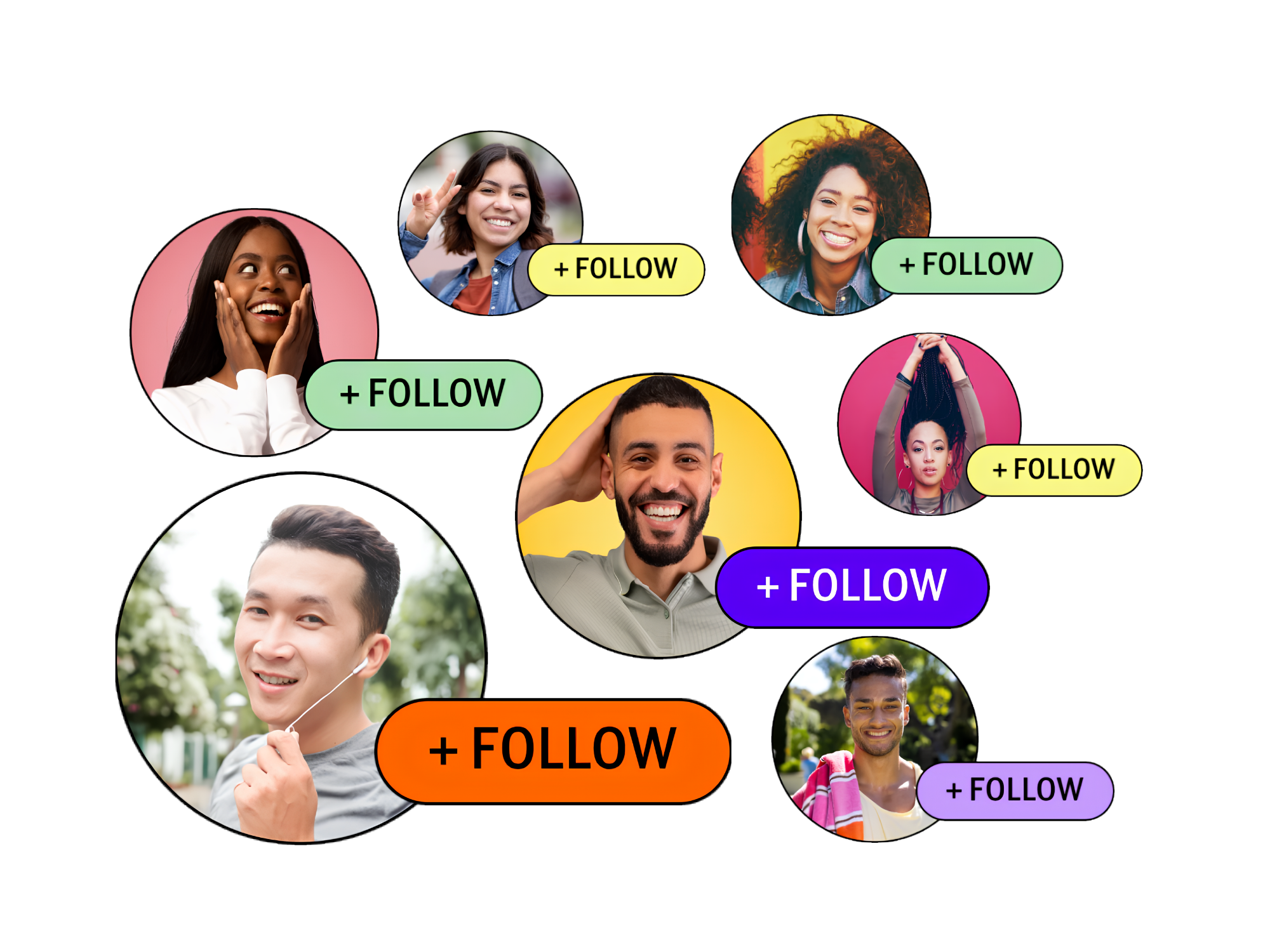Multiple images of smiling people with colorful 'Follow' buttons and '+Follow' labels.