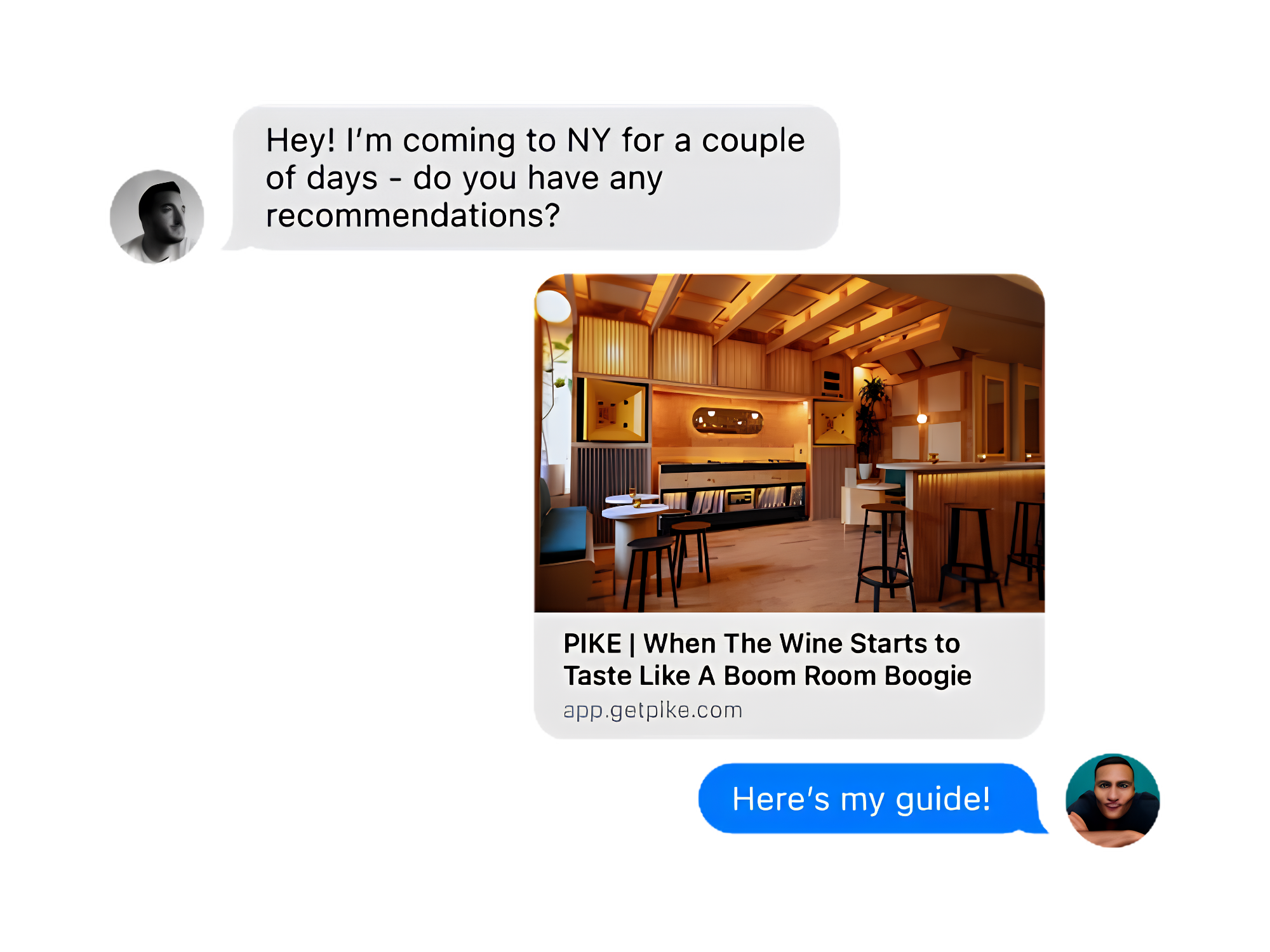 Text message with a profile picture of a man, food images, and a promotional message about a guide for Pike restaurants.